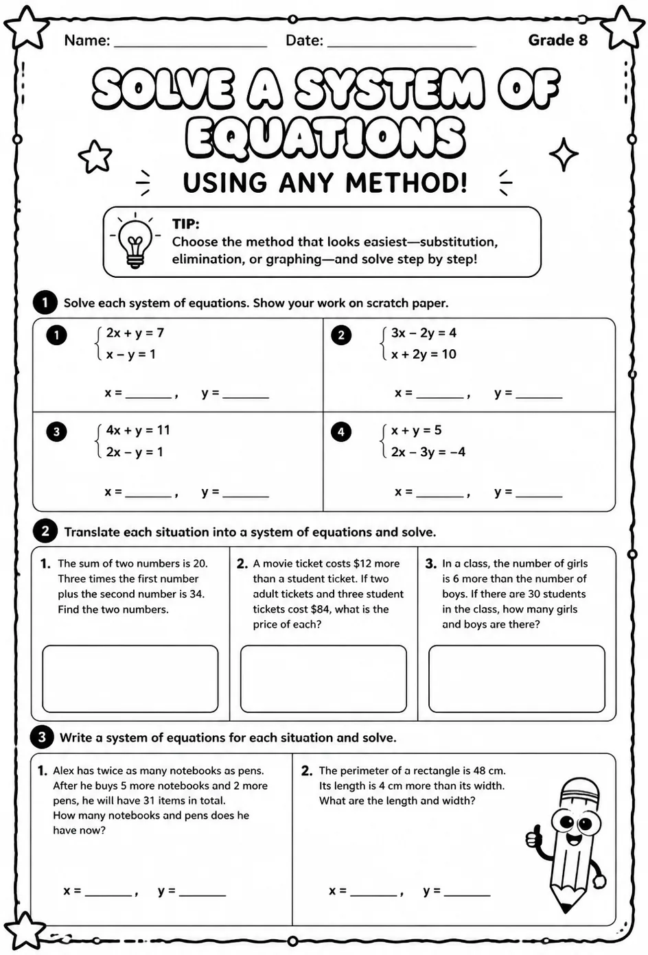 Solve a system of equations using any method — free printable Grade 8 math worksheet