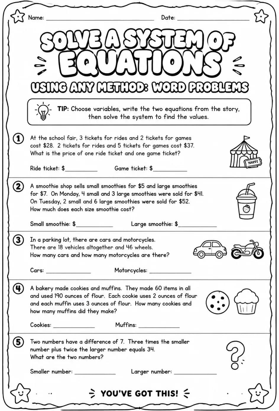 Solve a system of equations using any method: word problems — free printable Algebra 1 math worksheet