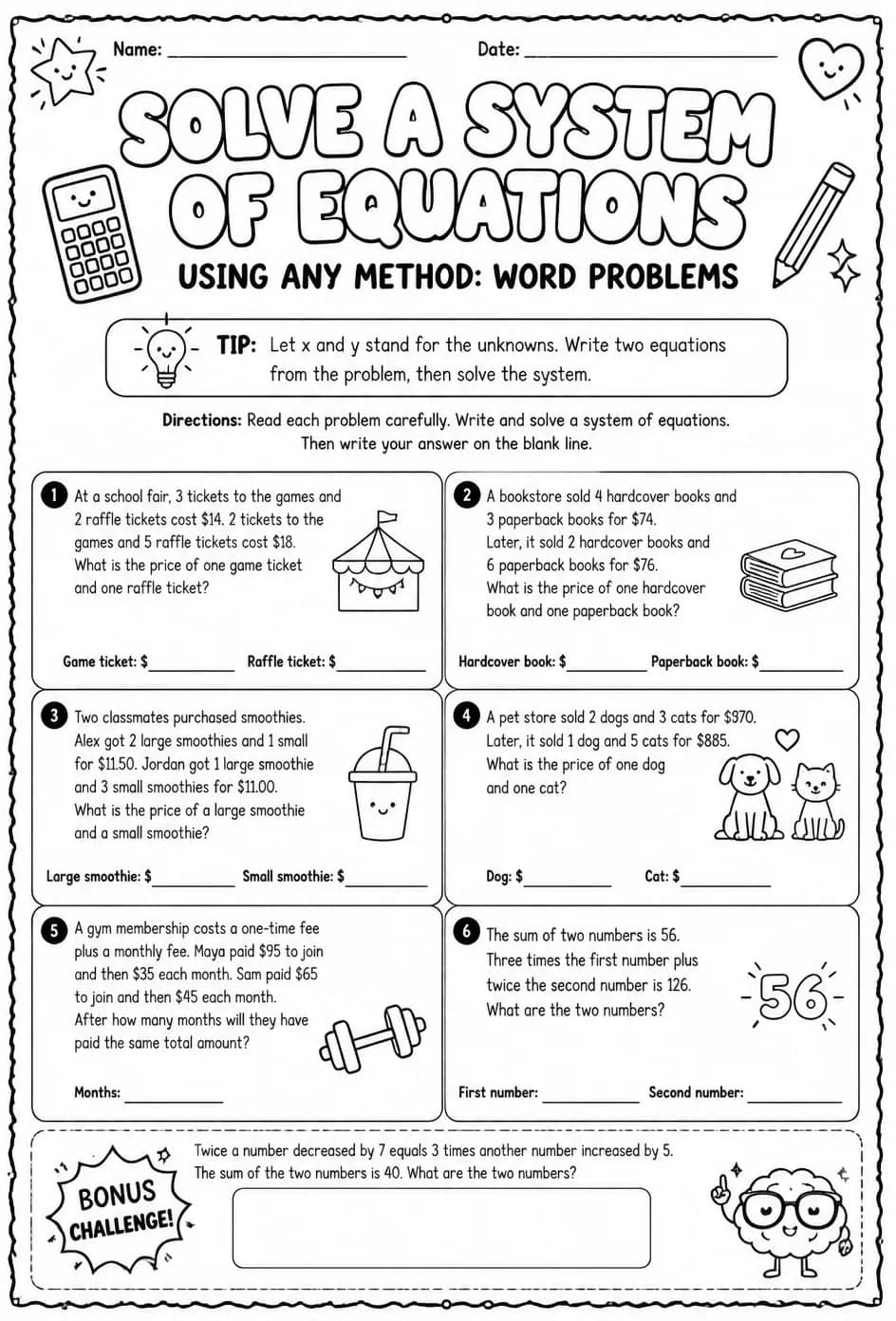 Solve a system of equations using any method: word problems — free printable Algebra 2 math worksheet