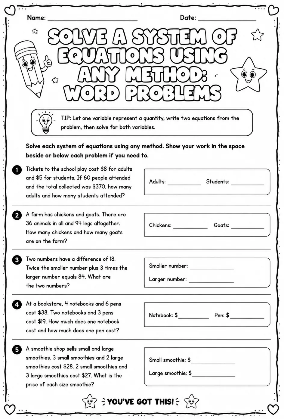 Solve a system of equations using any method: word problems — free printable Grade 8 math worksheet