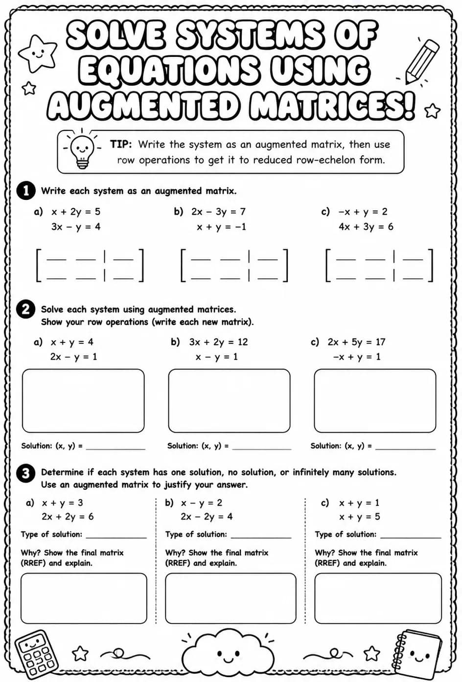 Solve a system of equations using augmented matrices — free printable Algebra 1 math worksheet