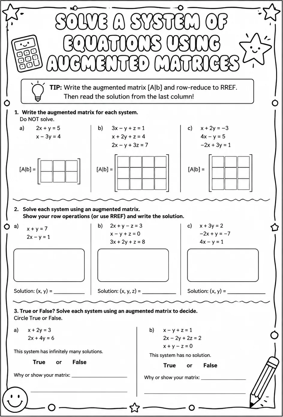 Solve a system of equations using augmented matrices — free printable Algebra 2 math worksheet