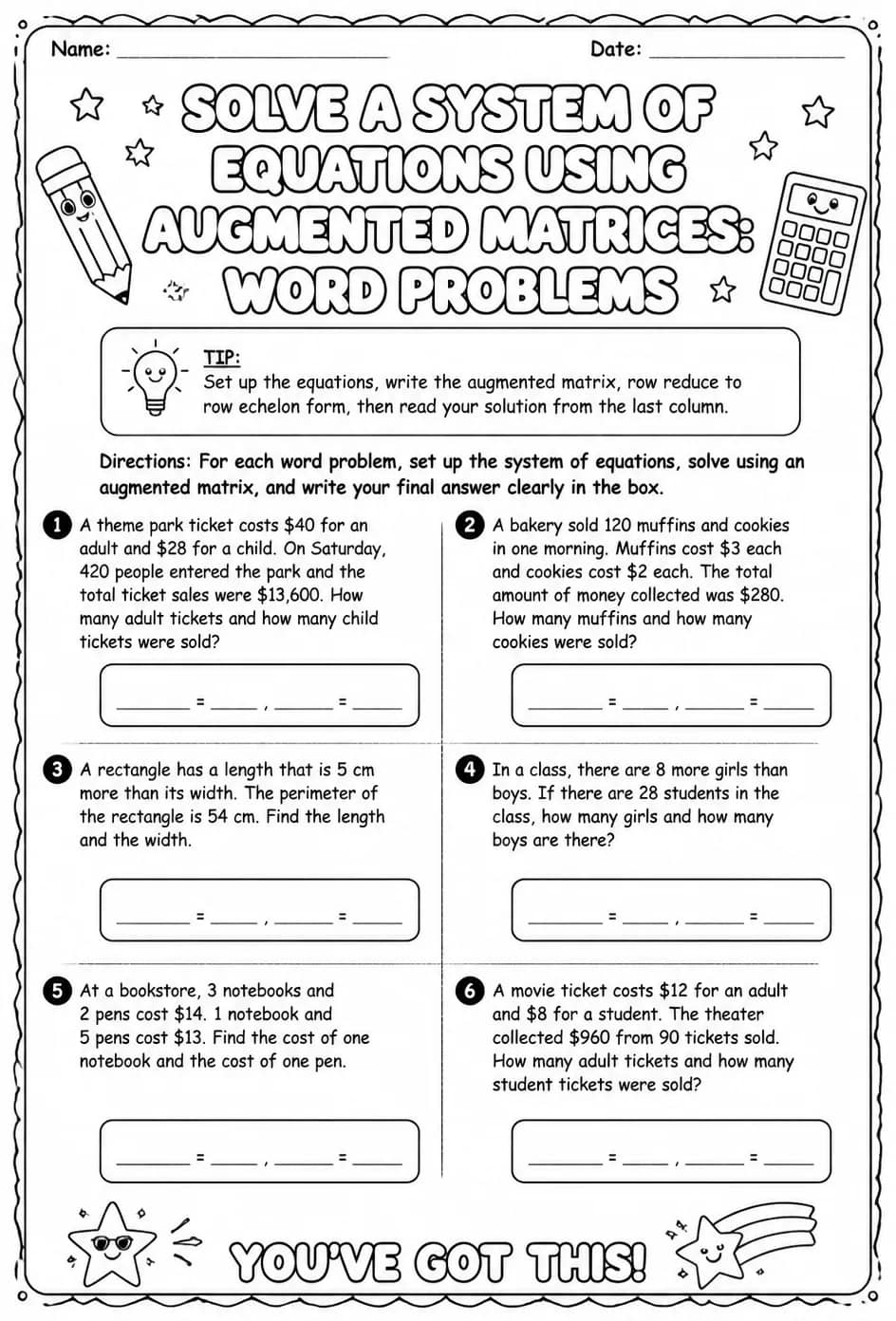 Solve a system of equations using augmented matrices: word problems — free printable Algebra 1 math worksheet