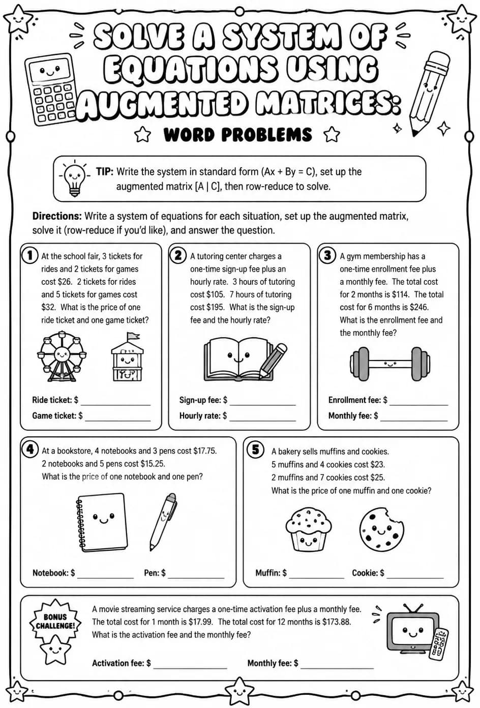 Solve a system of equations using augmented matrices: word problems — free printable Algebra 2 math worksheet