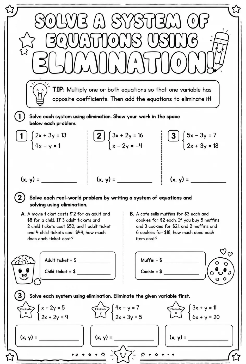 Solve a system of equations using elimination — free printable Algebra 1 math worksheet