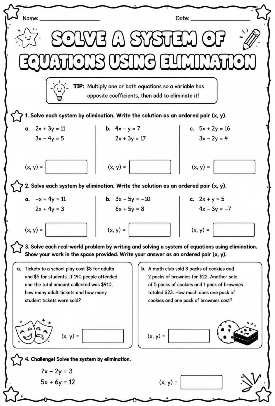 Solve a system of equations using elimination — free printable Algebra 2 math worksheet