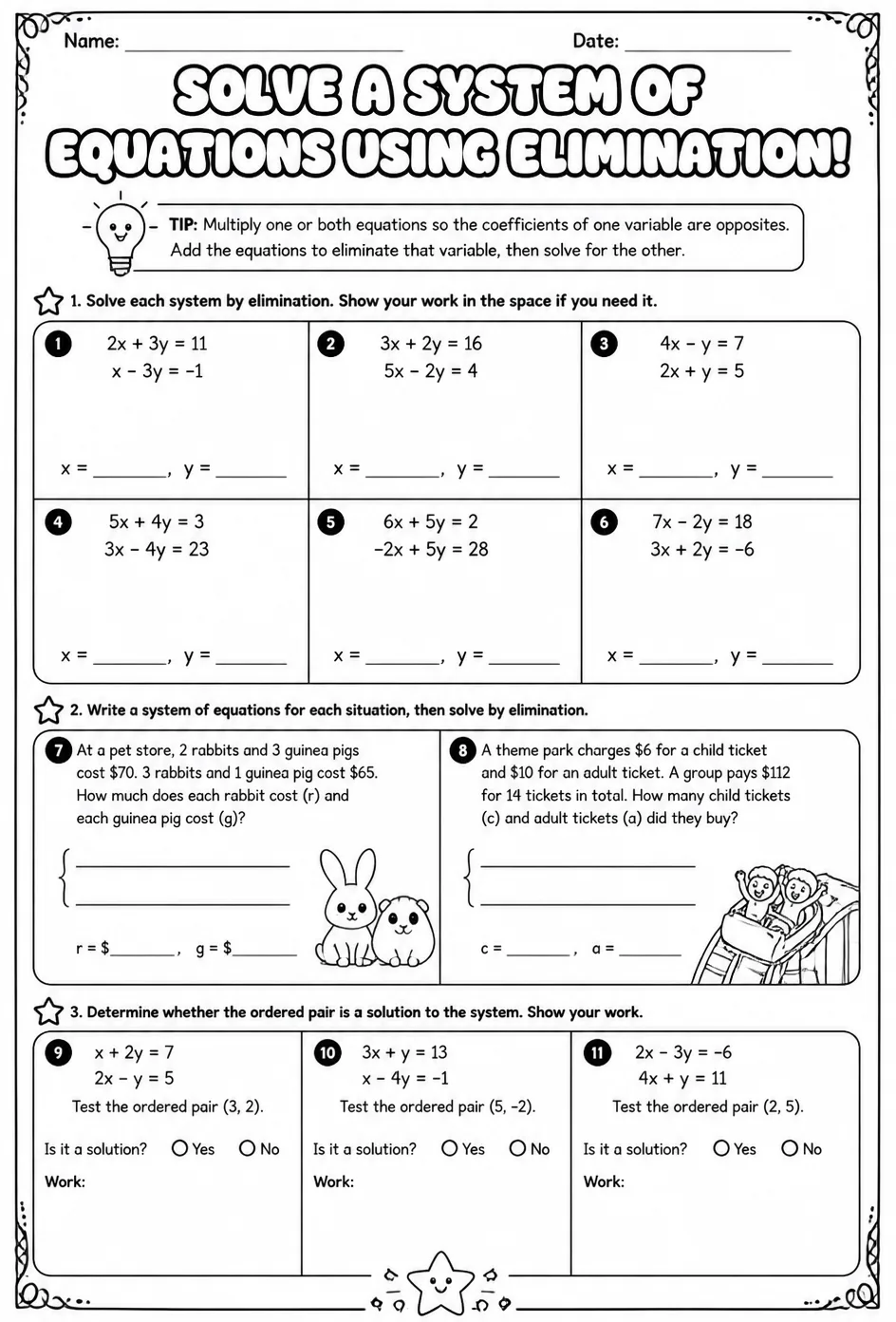 Solve a system of equations using elimination — free printable Grade 8 math worksheet