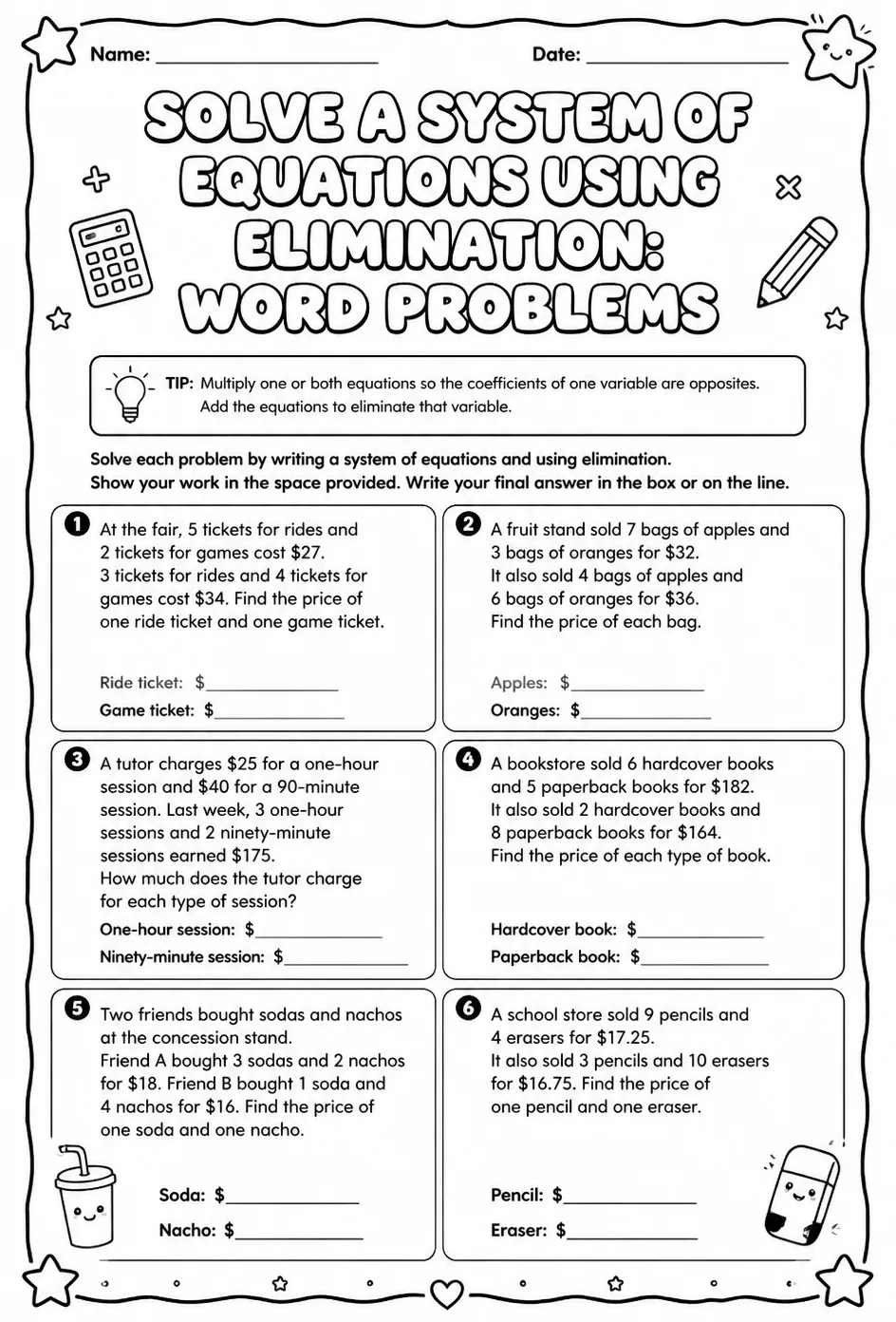 Solve a system of equations using elimination: word problems
