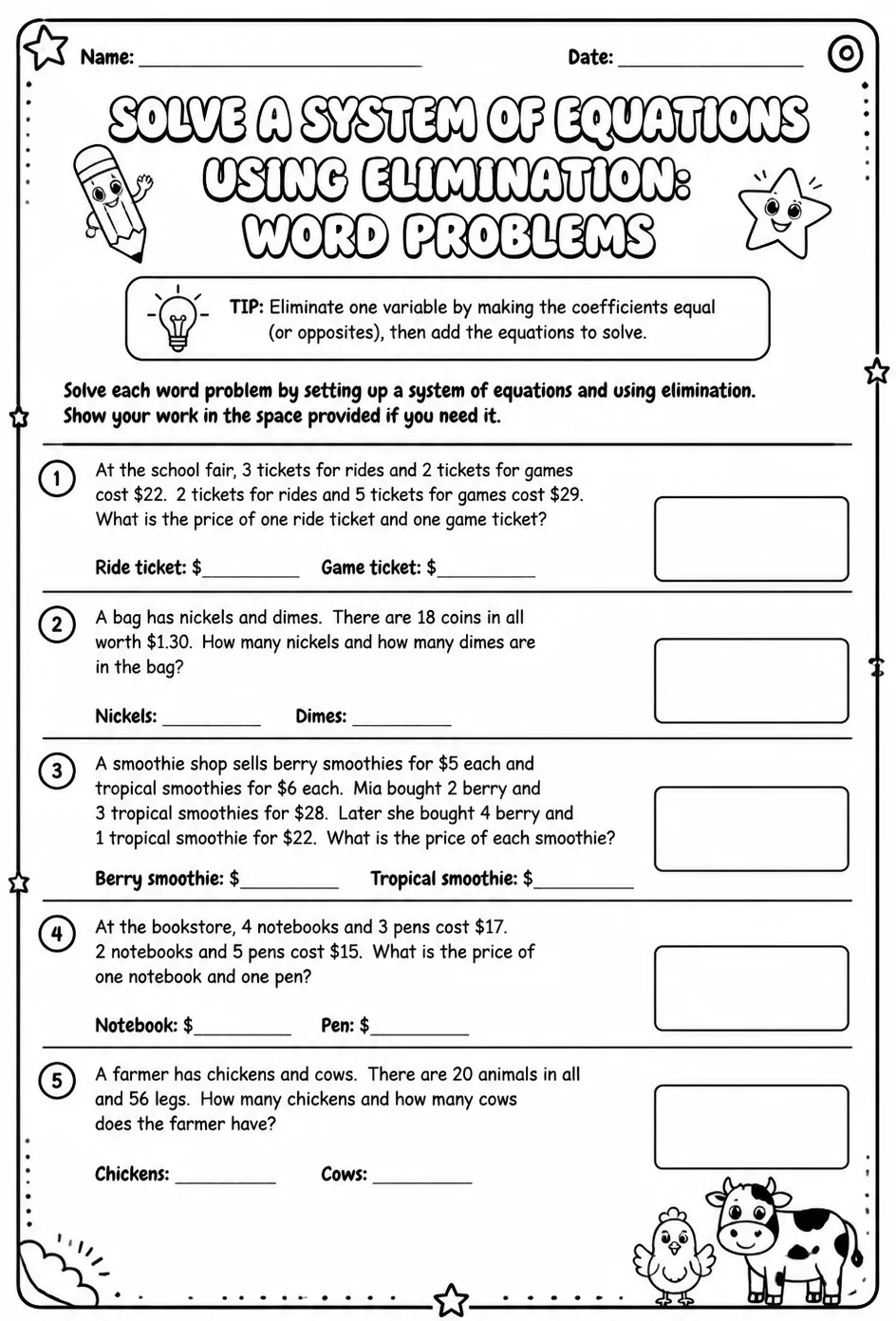 Solve a system of equations using elimination: word problems — free printable Algebra 2 math worksheet