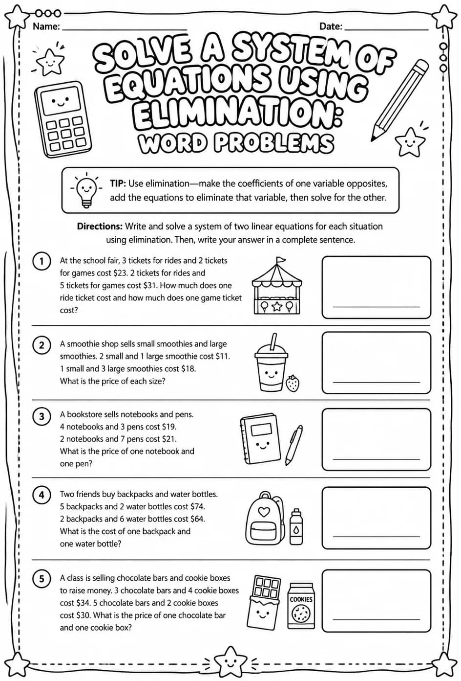 Solve a system of equations using elimination: word problems — free printable Grade 8 math worksheet