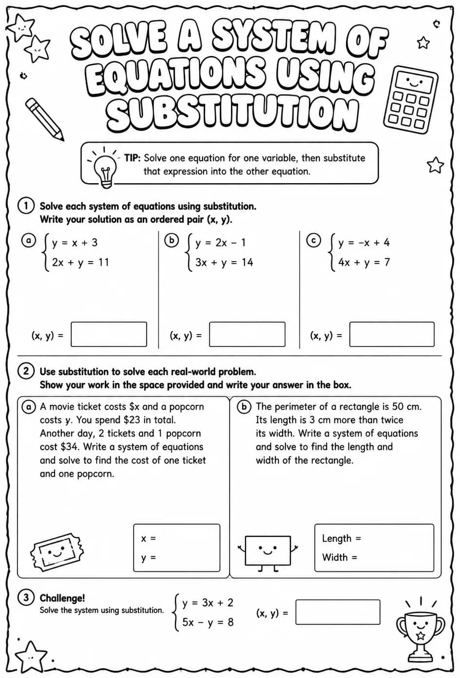 Solve a system of equations using substitution — free printable Algebra 1 math worksheet