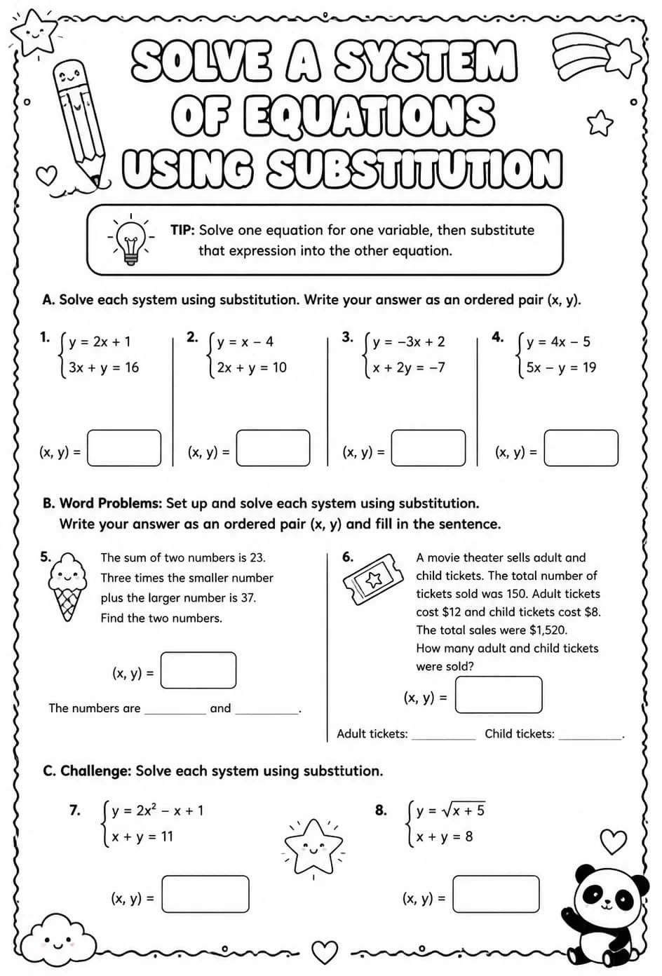 Solve a system of equations using substitution — free printable Algebra 2 math worksheet
