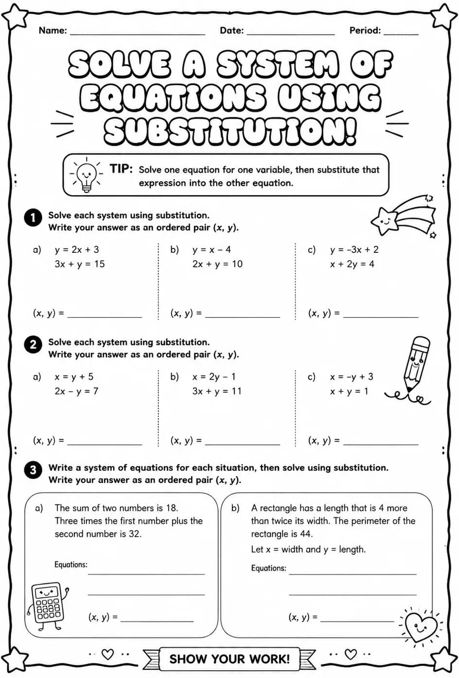 Solve a system of equations using substitution — free printable Grade 8 math worksheet