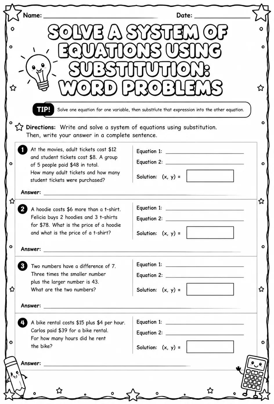 Solve a system of equations using substitution: word problems — free printable Algebra 1 math worksheet