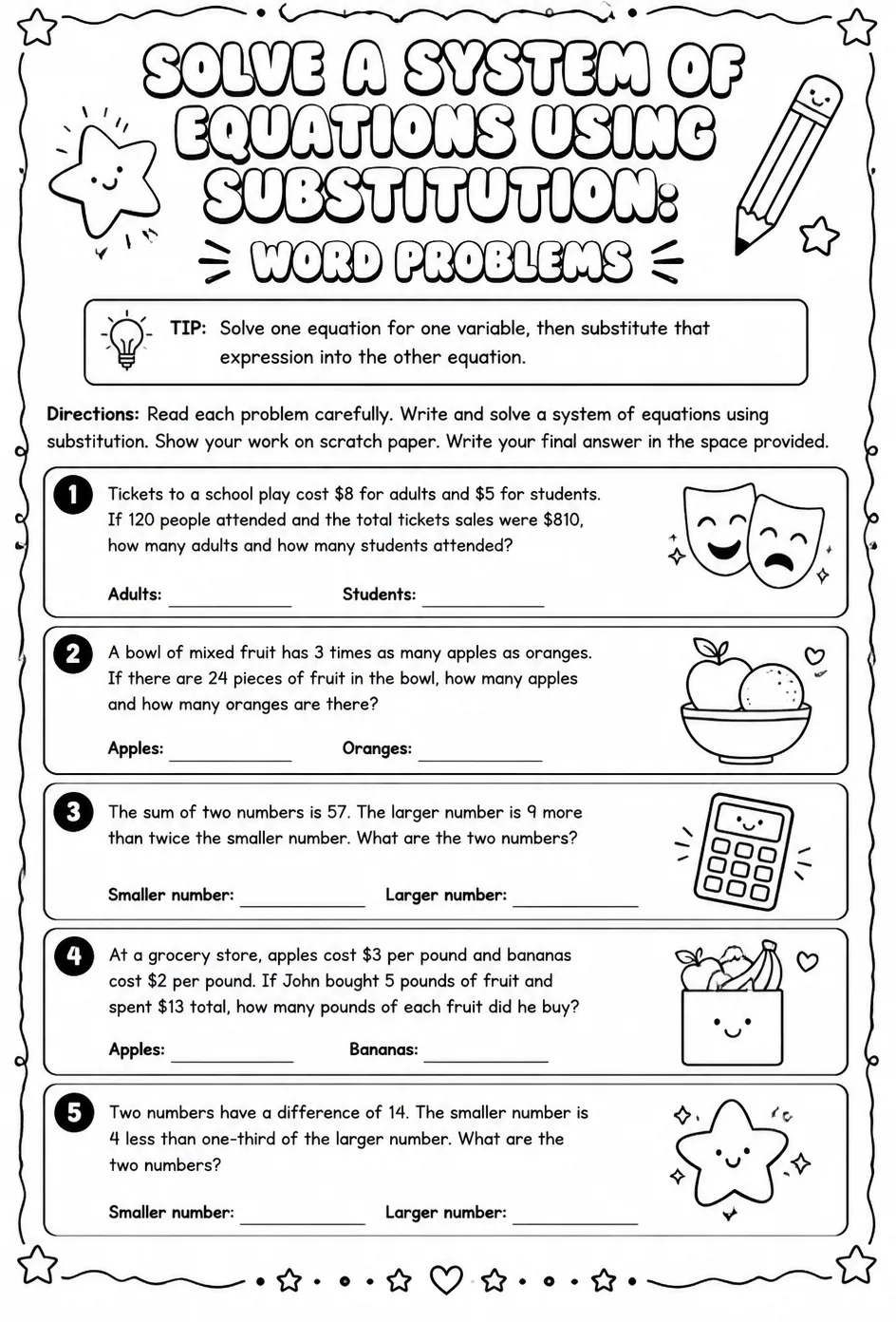 Solve a system of equations using substitution: word problems — free printable Algebra 2 math worksheet