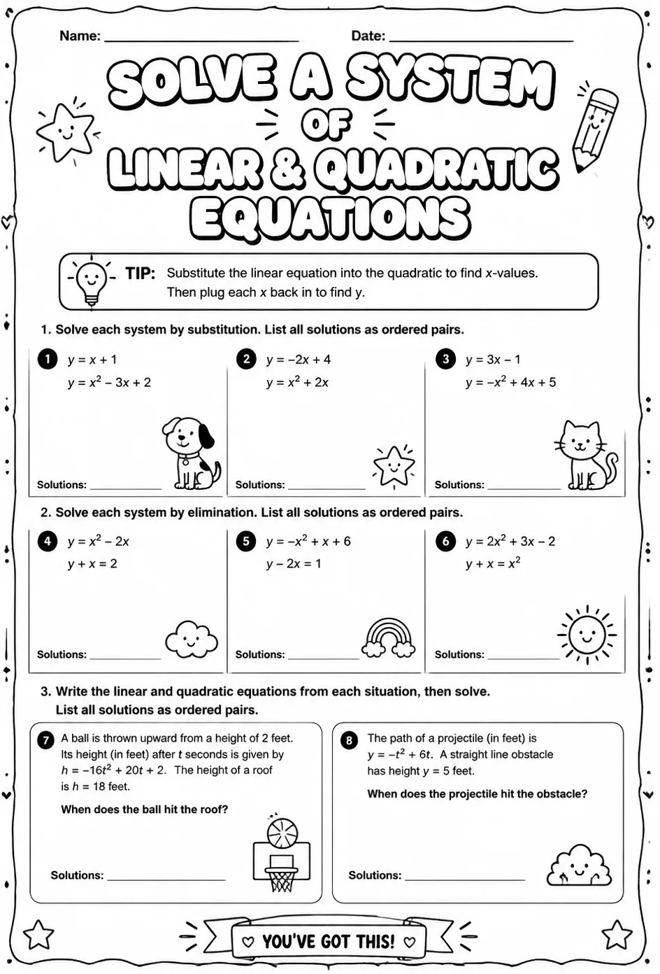 Solve a system of linear and quadratic equations — free printable Algebra 1 math worksheet