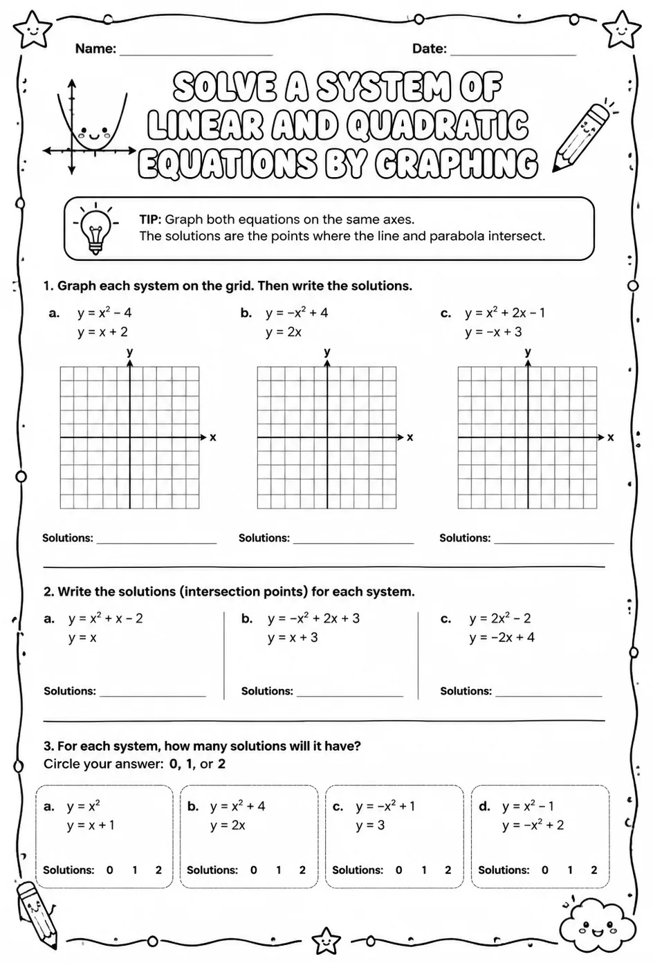 Solve a system of linear and quadratic equations by graphing — free printable Algebra 1 math worksheet