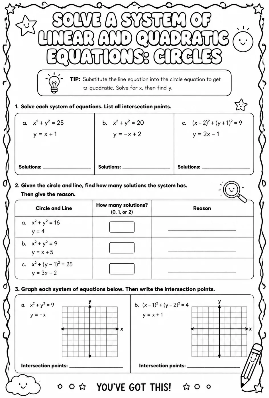 Solve a system of linear and quadratic equations: circles — free printable Algebra 2 math worksheet