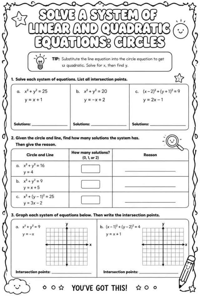 Solve a system of linear and quadratic equations: circles