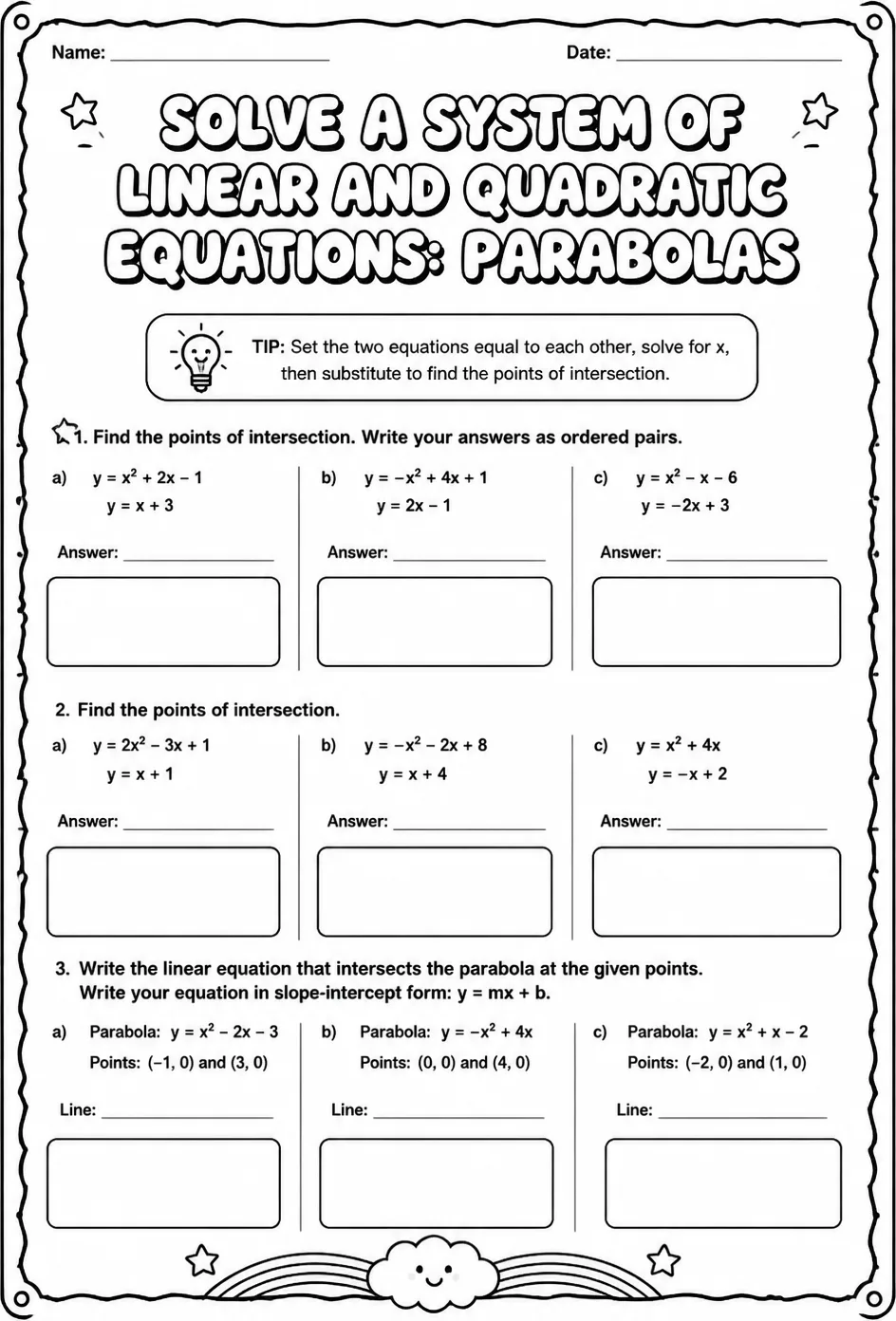 Solve a system of linear and quadratic equations: parabolas — free printable Algebra 2 math worksheet