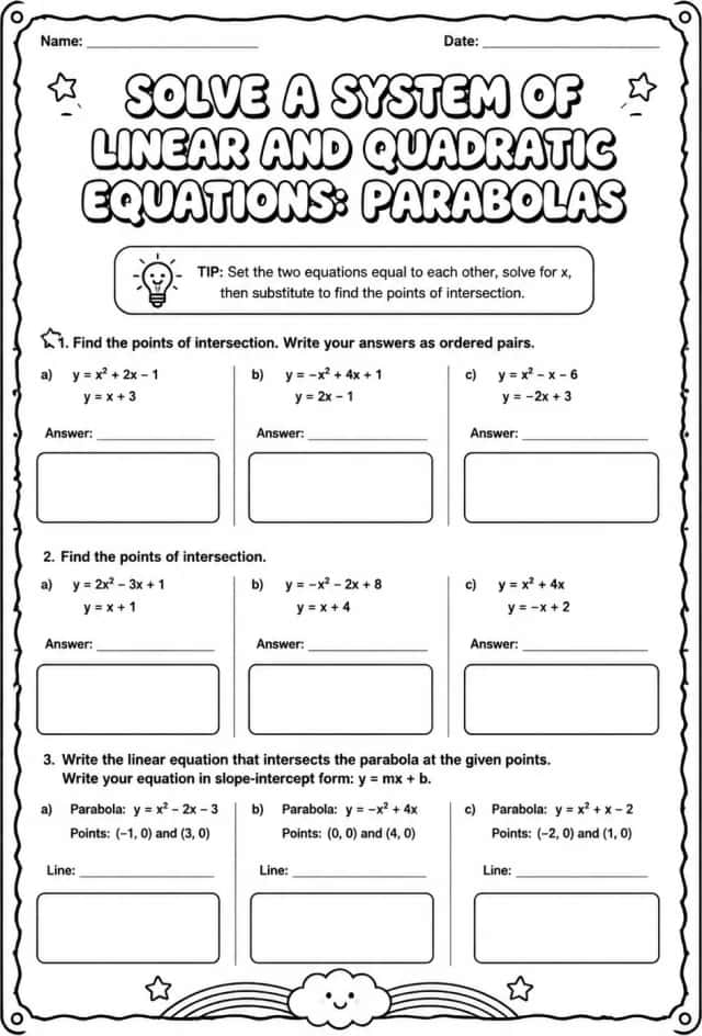 Solve a system of linear and quadratic equations: parabolas