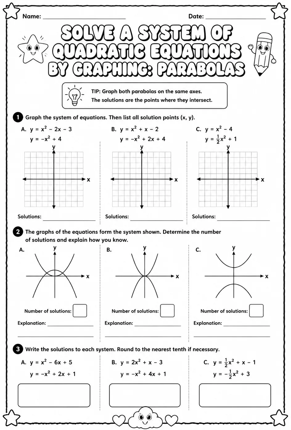Solve a system of quadratic equations by graphing: parabolas — free printable Algebra 2 math worksheet