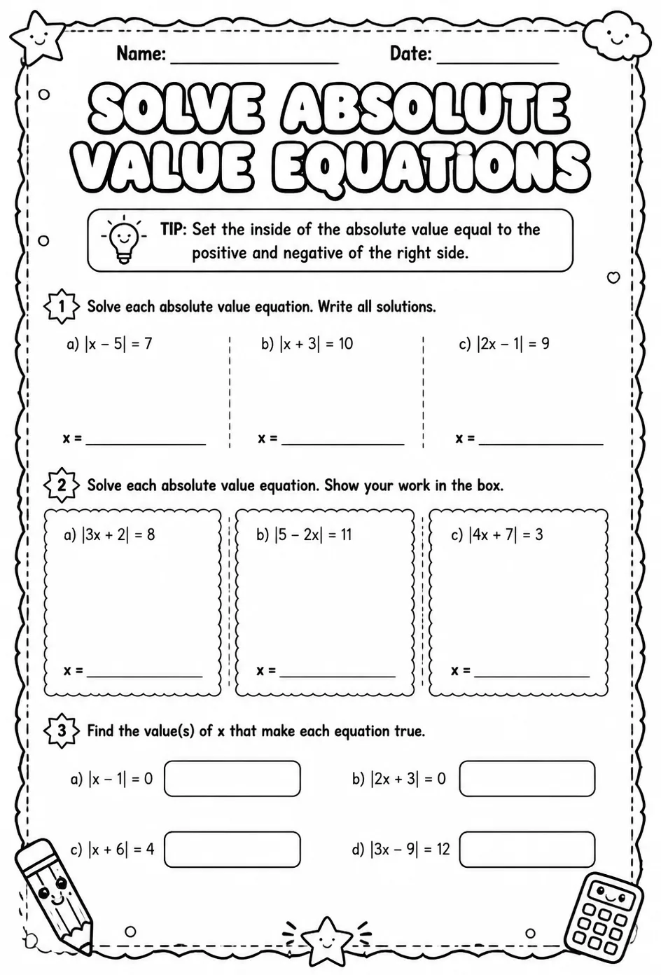 Solve absolute value equations — free printable Algebra 2 math worksheet
