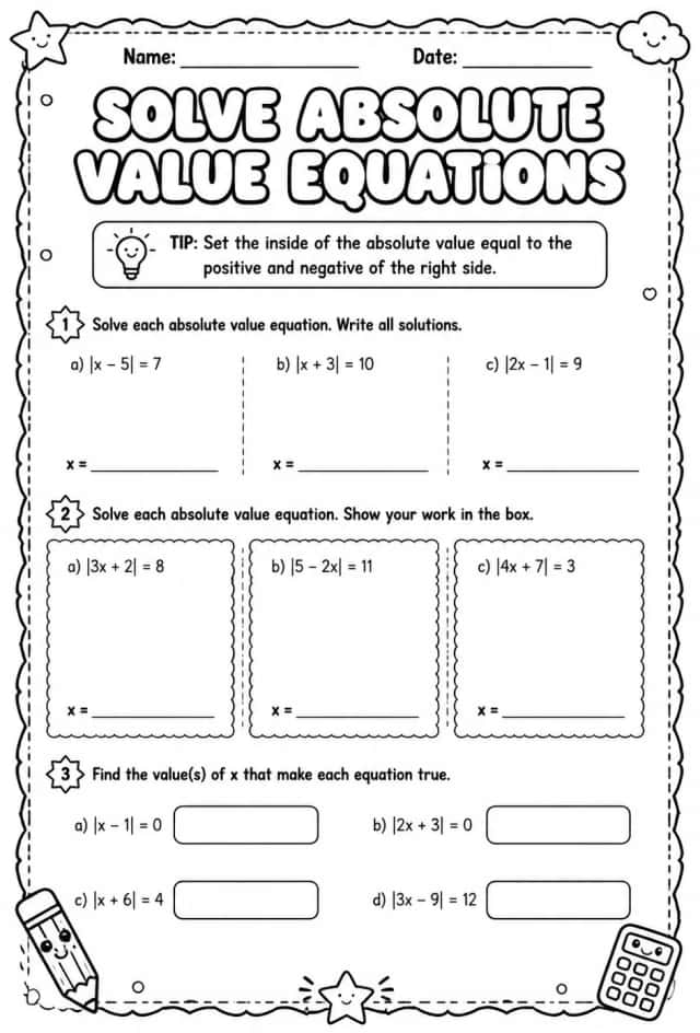 Solve absolute value equations