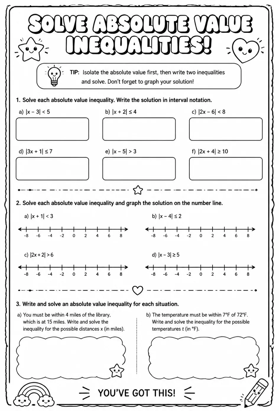 Solve absolute value inequalities — free printable Algebra 1 math worksheet
