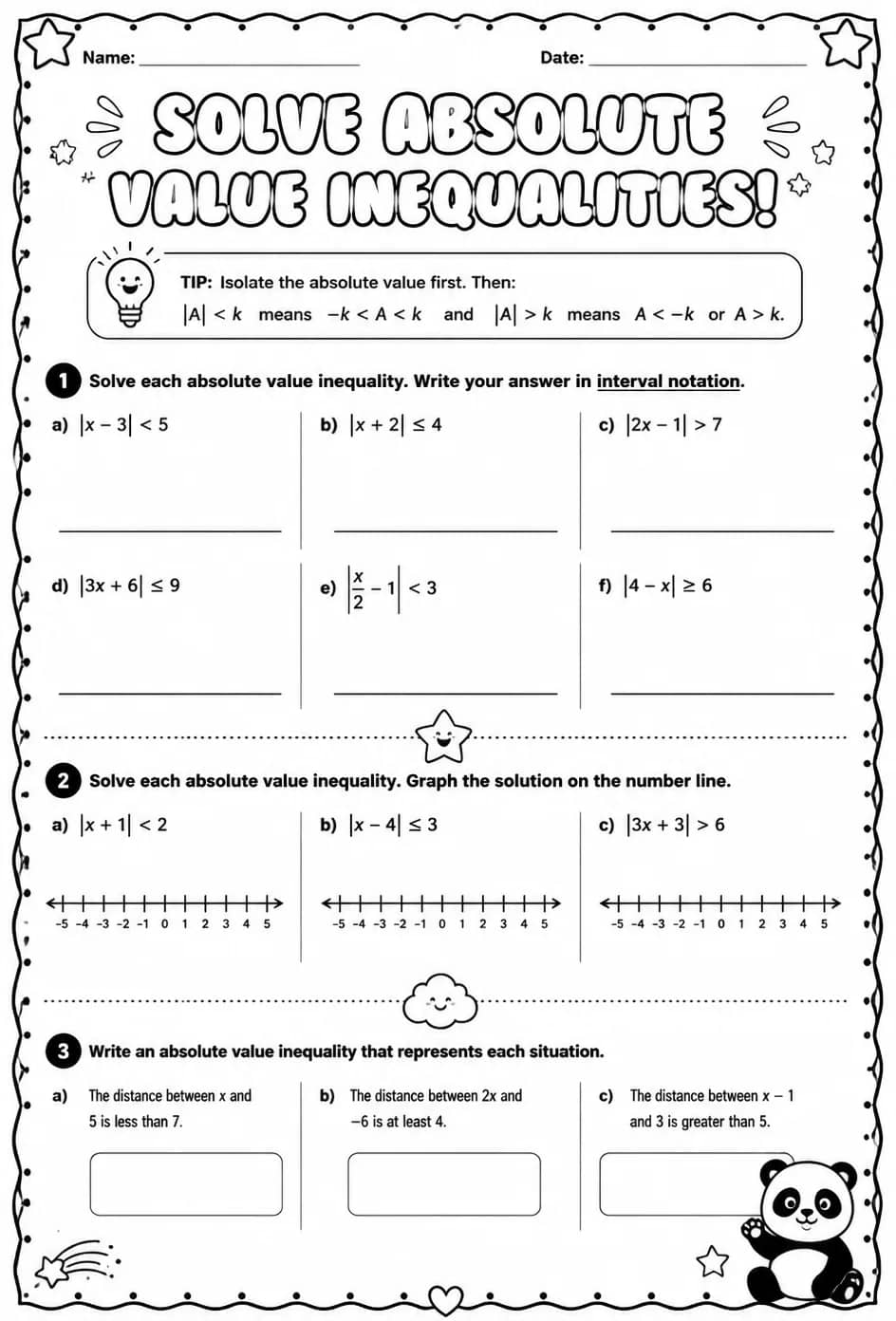 Solve absolute value inequalities — free printable Algebra 2 math worksheet