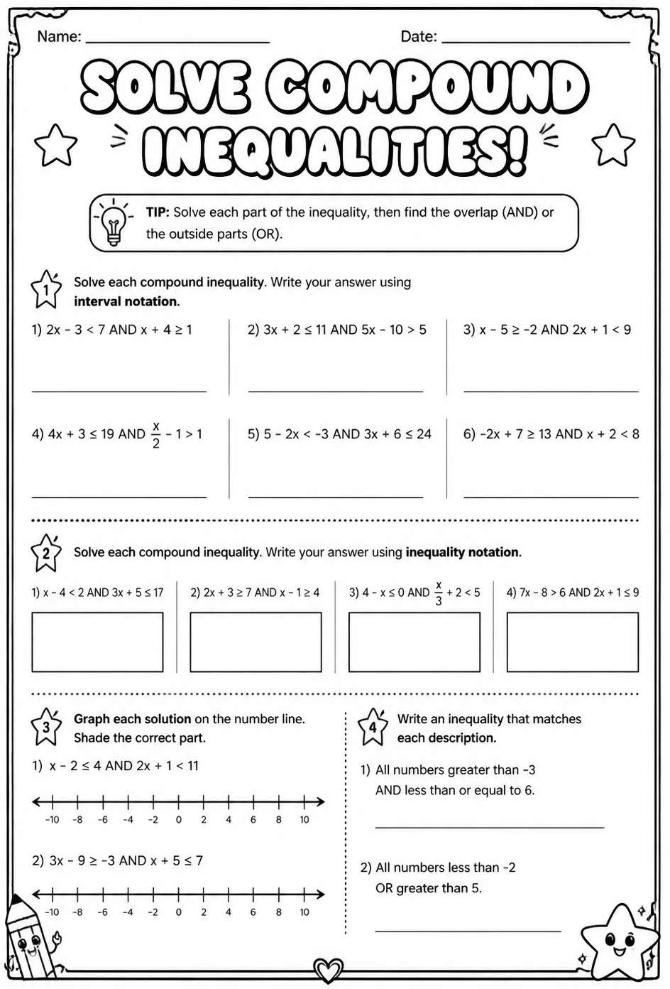 Solve compound inequalities — free printable Algebra 1 math worksheet