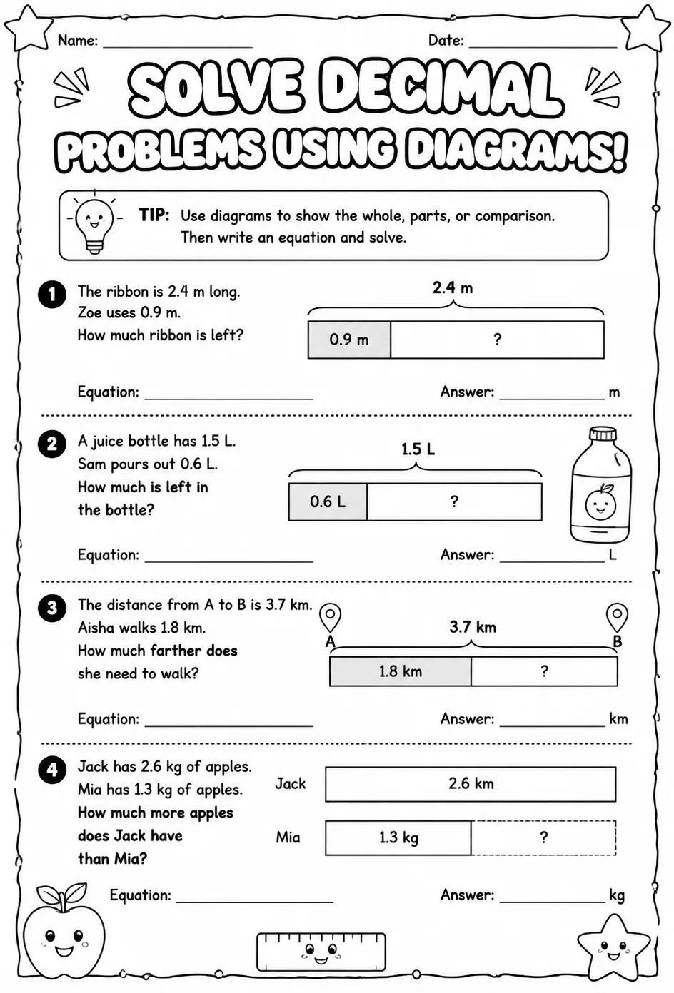 Solve decimal problems using diagrams — free printable Grade 4 math worksheet
