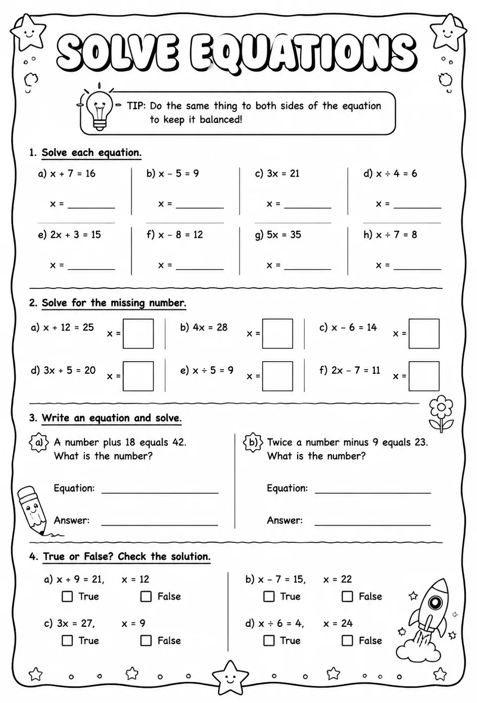 Solve equations — free printable Grade 4 math worksheet