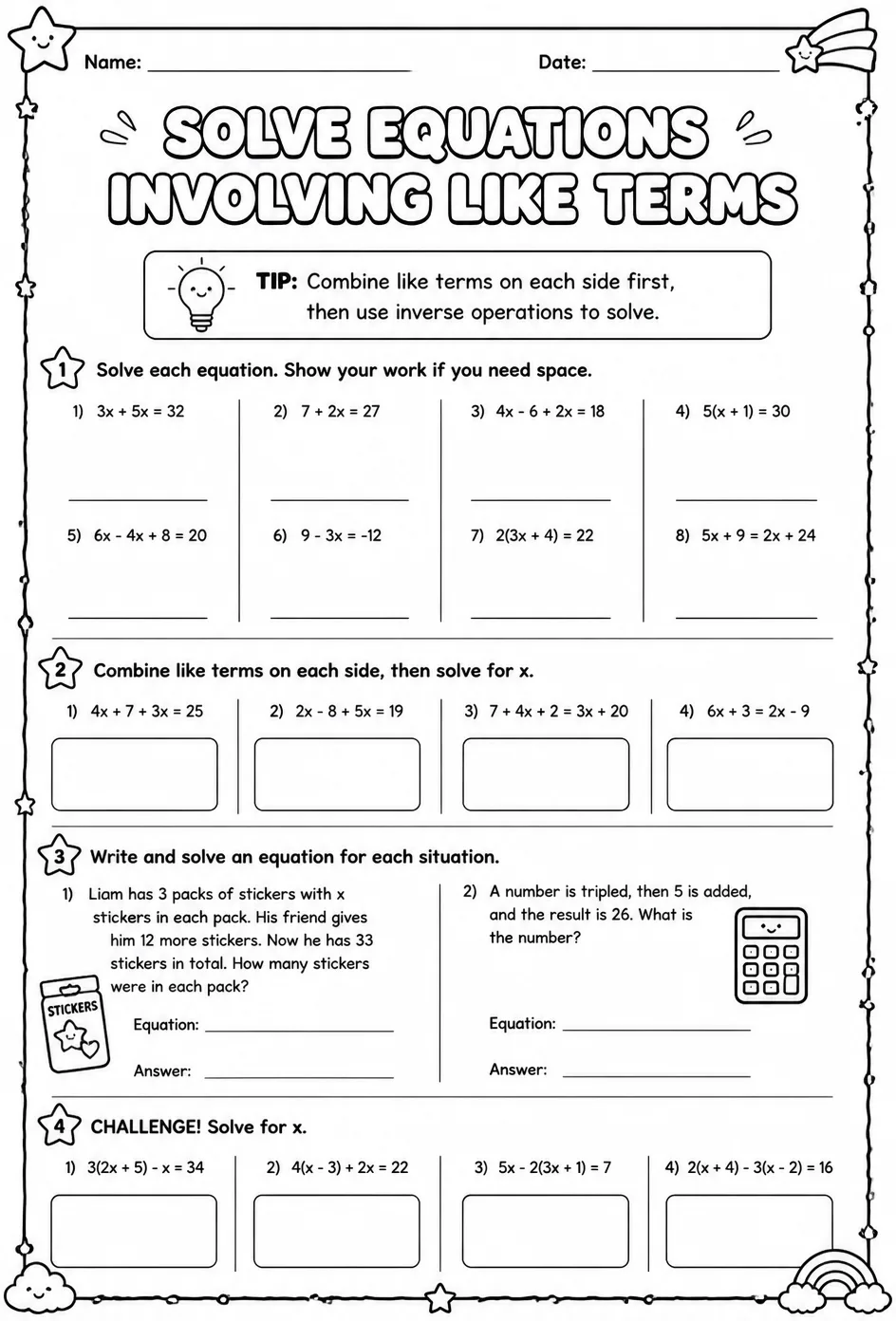 Solve equations involving like terms — free printable Grade 7 math worksheet