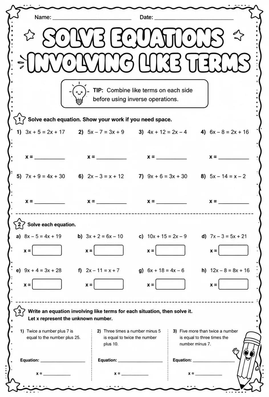 Solve equations involving like terms — free printable Grade 8 math worksheet
