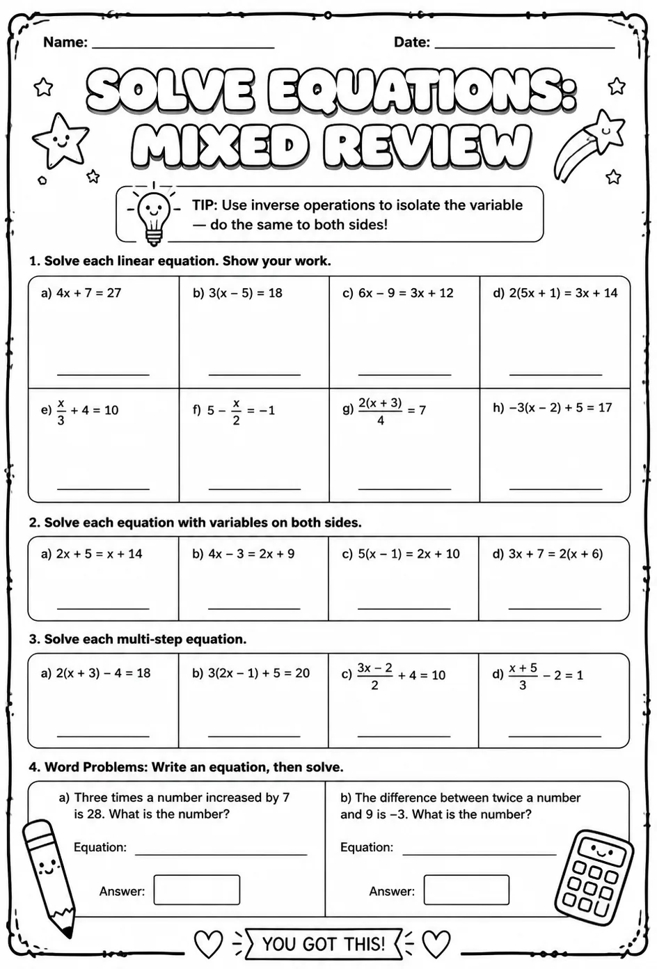 Solve equations: mixed review — free printable Grade 8 math worksheet
