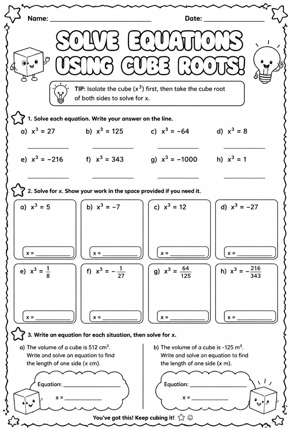 Solve equations using cube roots — free printable Grade 8 math worksheet