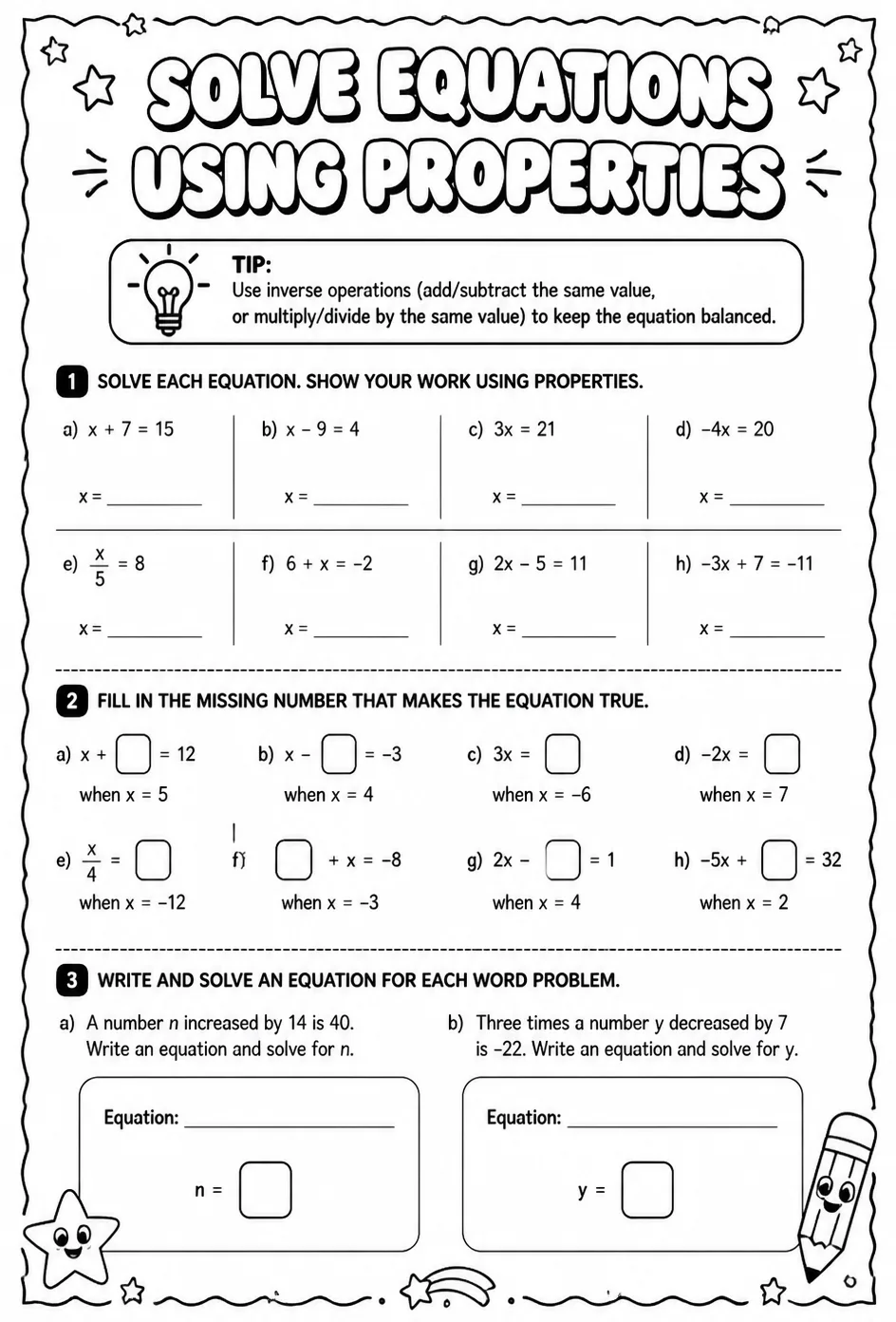 Solve equations using properties — free printable Grade 7 math worksheet