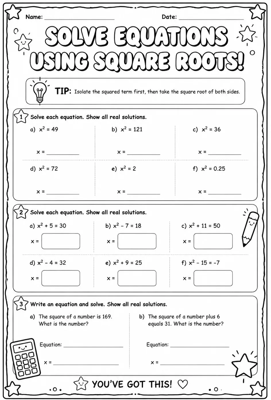 Solve equations using square roots — free printable Grade 8 math worksheet