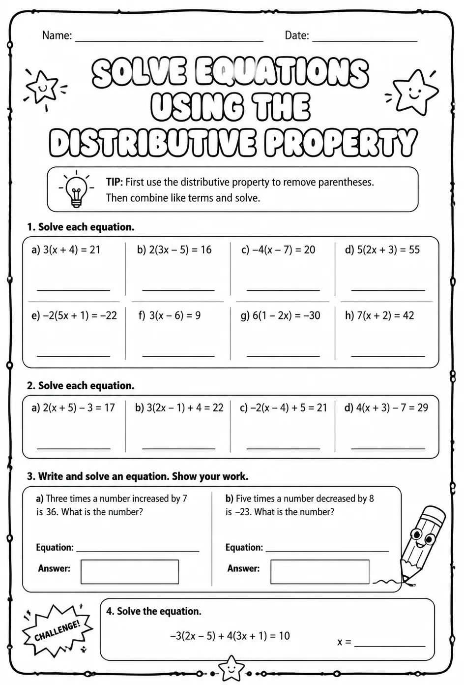 Solve equations using the distributive property — free printable Grade 8 math worksheet