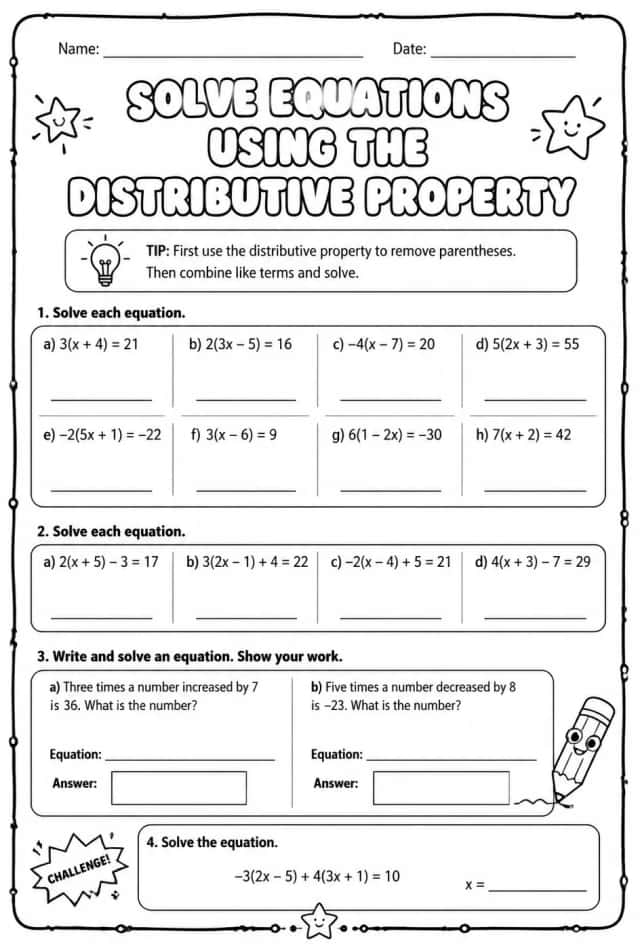 Solve equations using the distributive property