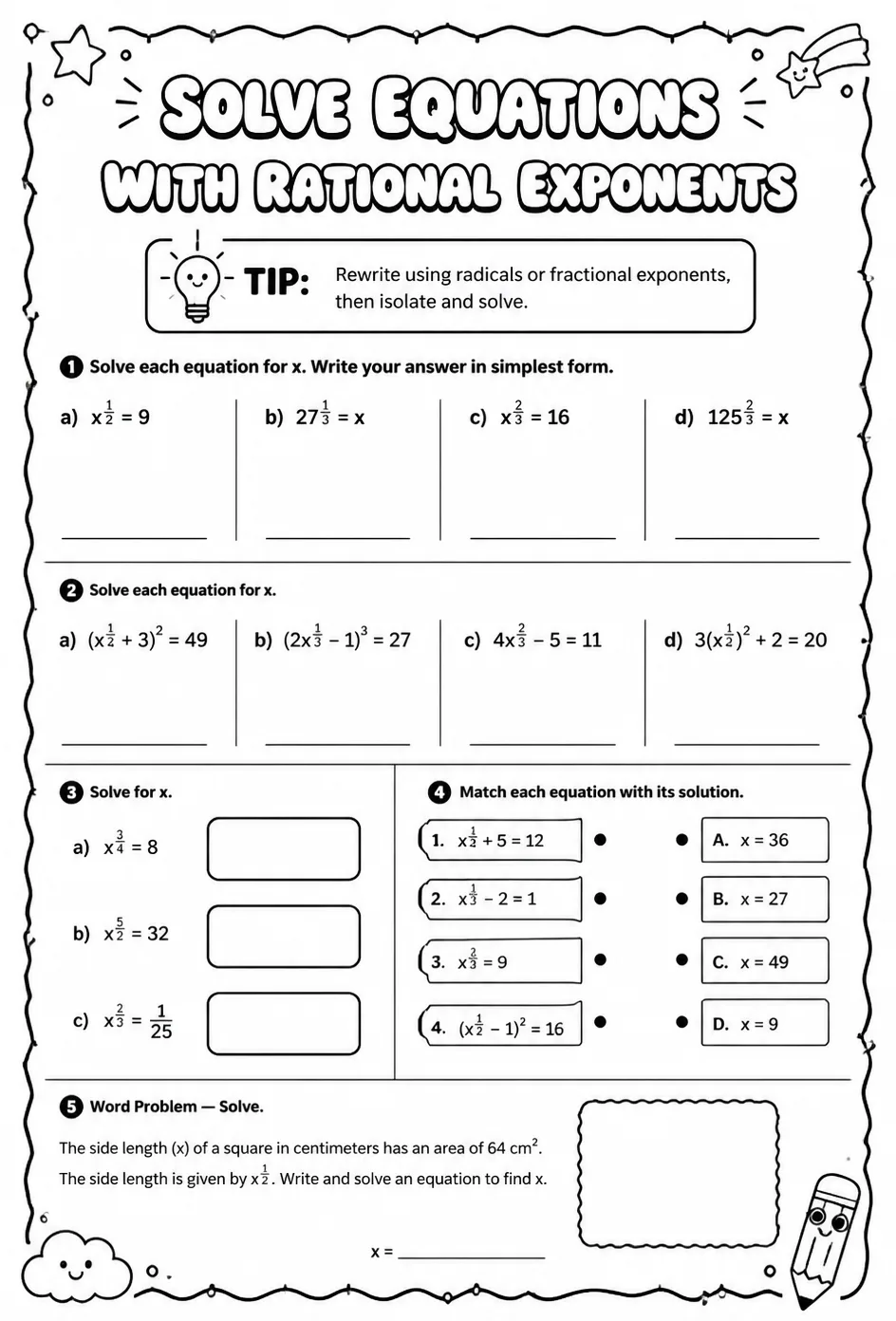 Solve equations with rational exponents — free printable Algebra 2 math worksheet