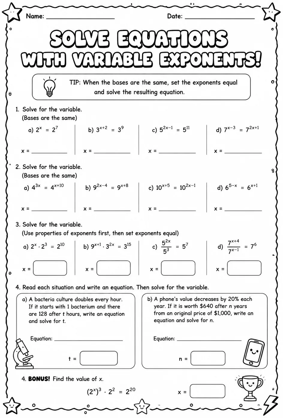 Solve equations with variable exponents — free printable Grade 7 math worksheet
