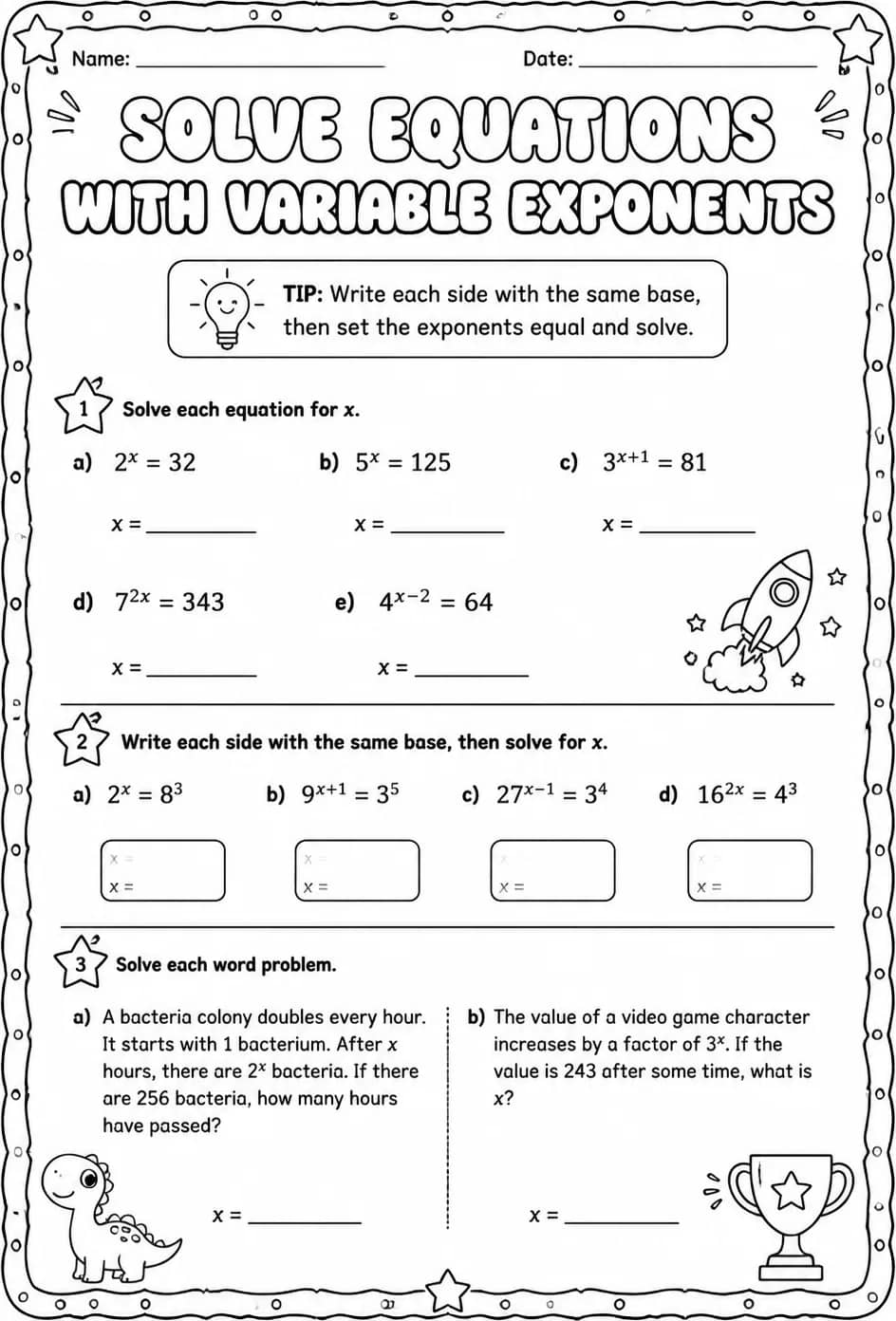 Solve equations with variable exponents — free printable Grade 8 math worksheet