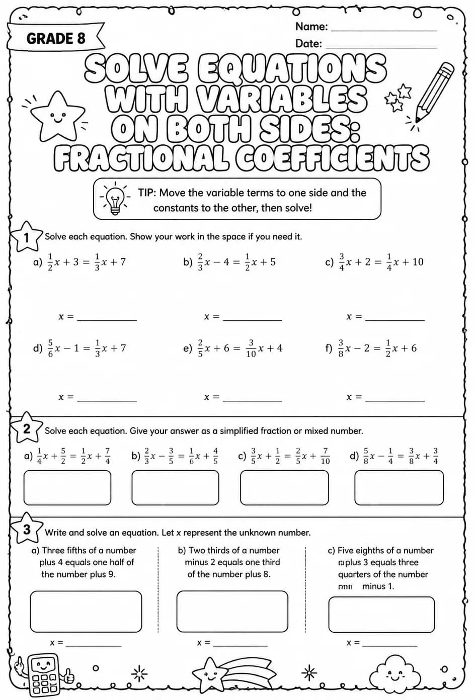 Solve equations with variables on both sides: fractional coefficients — free printable Grade 8 math worksheet