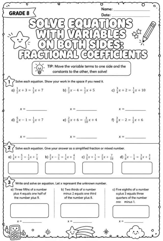 Solve equations with variables on both sides: fractional coefficients