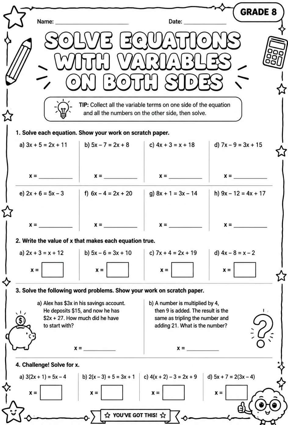 Solve equations with variables on both sides — free printable Grade 8 math worksheet