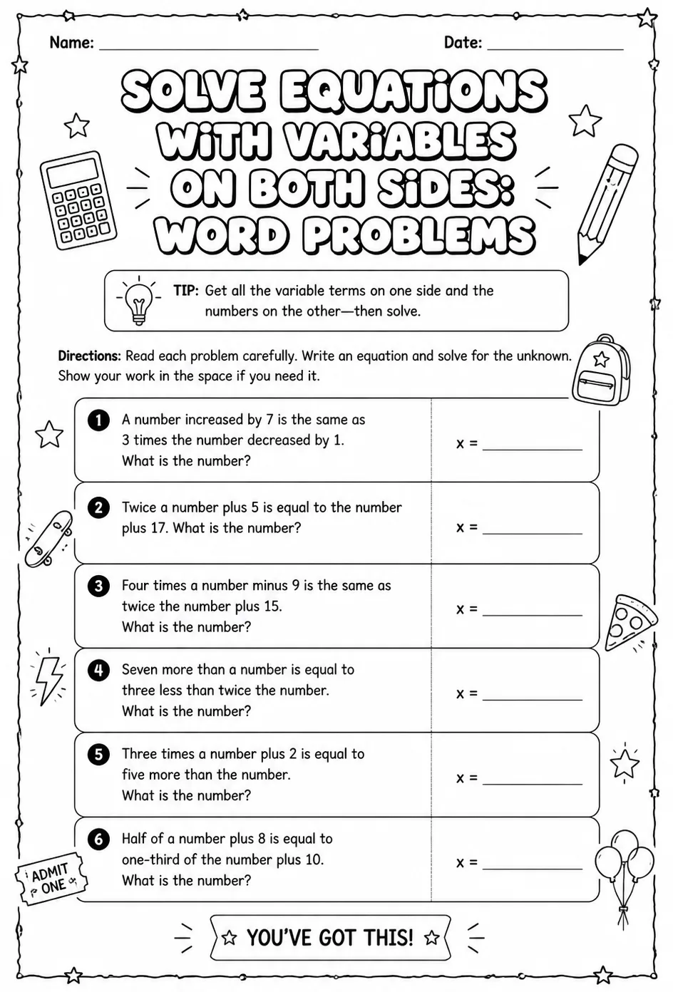 Solve equations with variables on both sides: word problems — free printable Grade 8 math worksheet