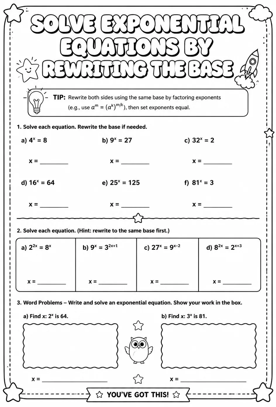Solve exponential equations by rewriting the base — free printable Algebra 2 math worksheet