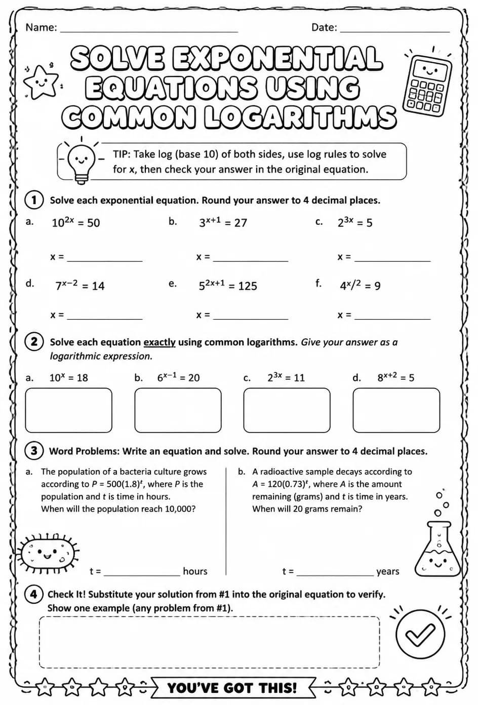 Solve exponential equations using common logarithms — free printable Algebra 2 math worksheet